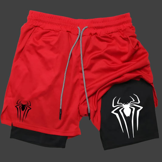 Y2K Performance Shorts Men Spider Printed GYM Casual Sports Compression Shorts Workout Running Mesh 2 in 1 Sport Short Pants